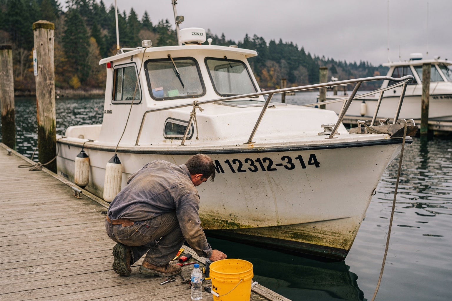 28-foot sailboat with unstepped mast moored at Astoria Oregon marina dock with travel-lift positioned for marine salvage removal