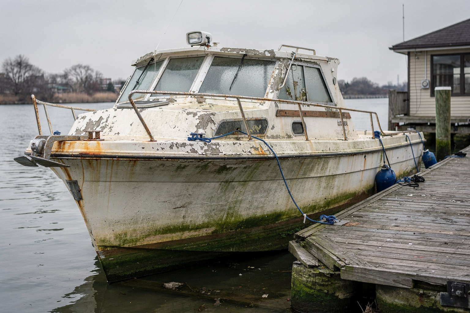 Boat disposal Chicago marina slip, fiberglass cabin cruiser removal service ready