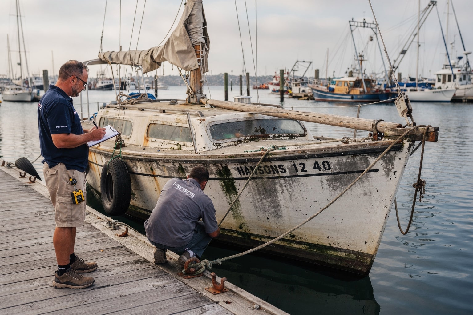 Abandoned sailboat disposal at Long Beach marina dockside, junk boat removal service assessment