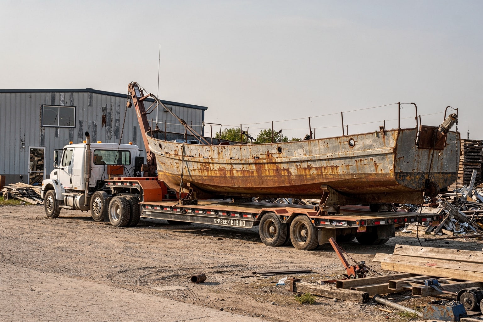 Junk boat disposal North Dakota salvage yard dismantling large derelict fishing vessel