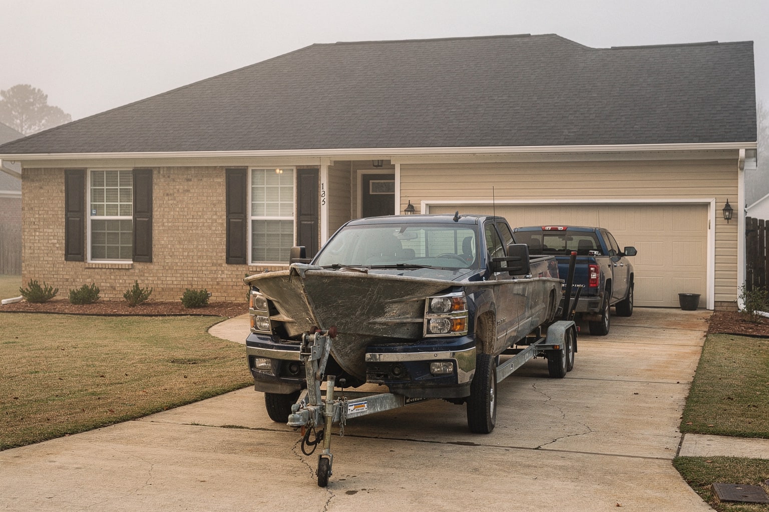 Junk boat removal Alabama: weathered fishing boat on trailer behind pickup truck in residential driveway