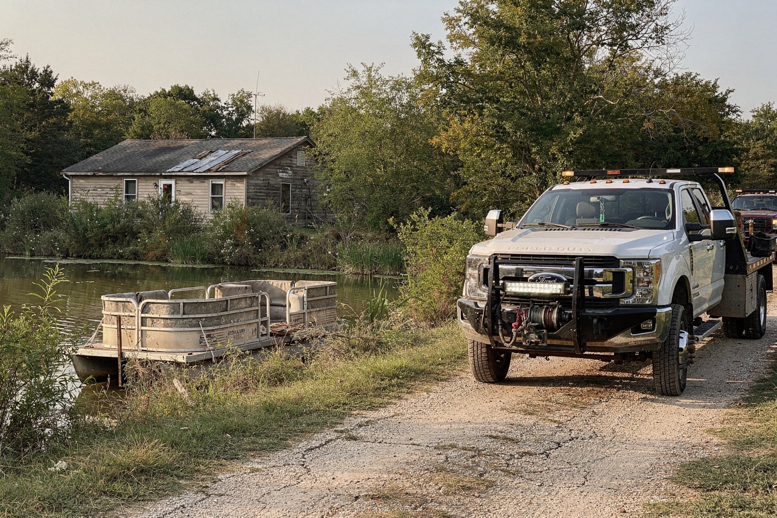 Sunken pontoon boat salvage Arkansas: deteriorated watercraft in stagnant pond ready for junk boat disposal