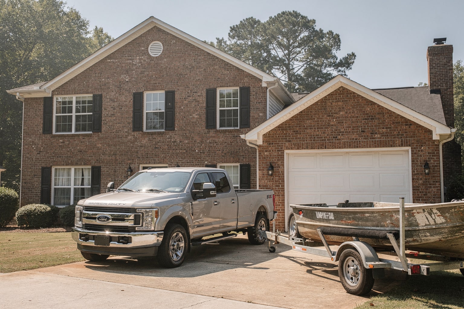 Pickup truck with boat trailer removing junk boat from Atlanta residential driveway