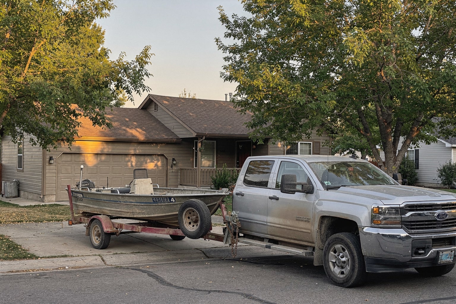 Weathered aluminum fishing boat loaded on trailer hitched to silver pickup truck in Idaho residential driveway, boat removal service