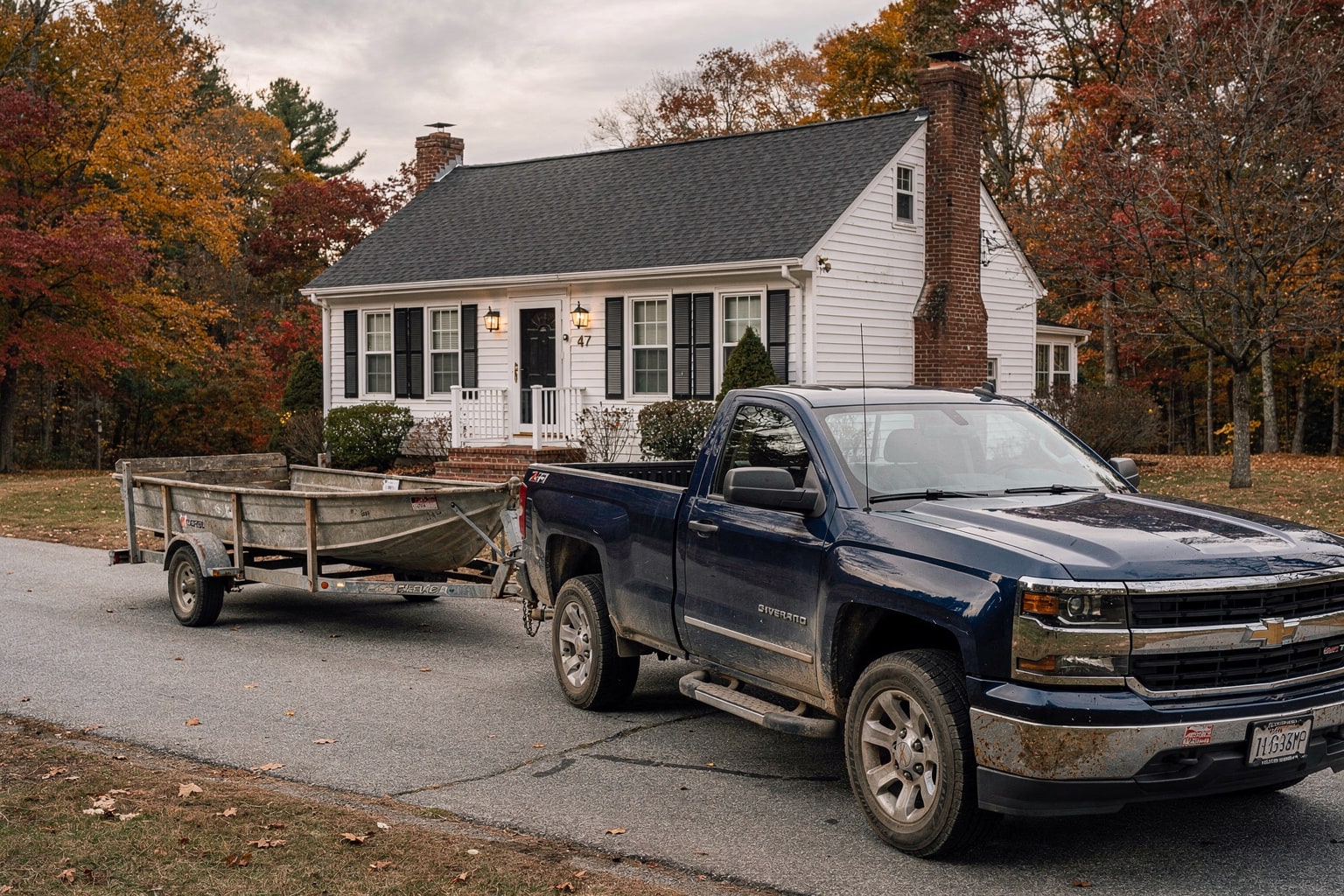 Junk boat removal Boston MA, dark pickup truck with aluminum fishing boat on trailer in residential driveway