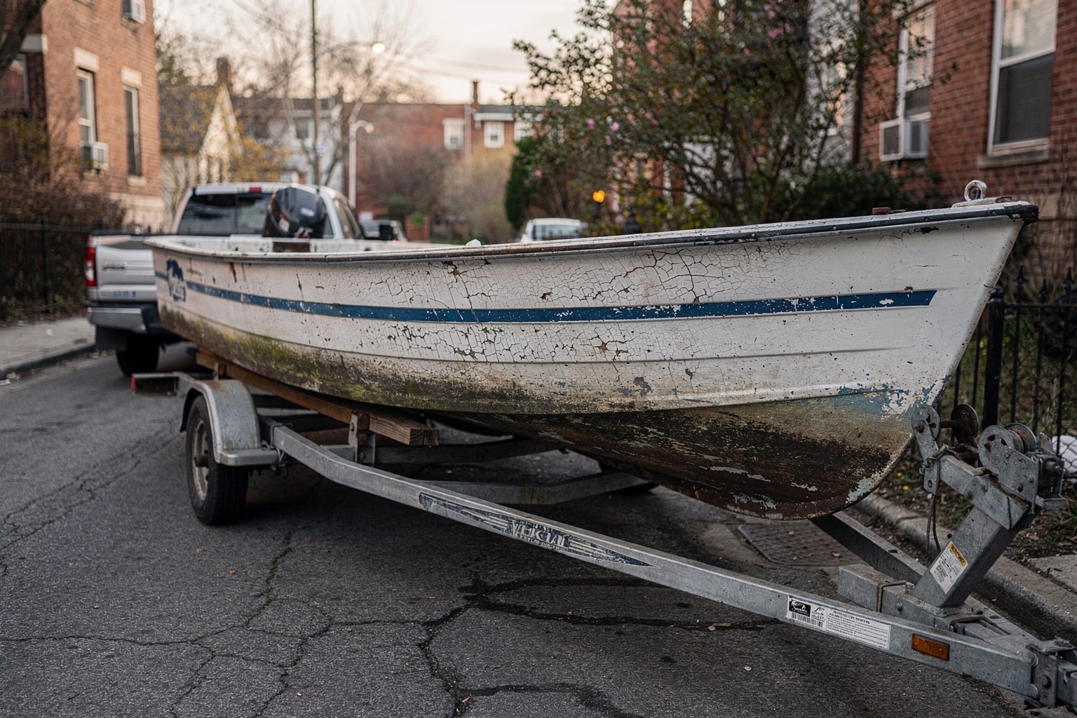 Junk boat removal from NYC Brooklyn driveway with deteriorated fishing boat on trailer and pickup truck