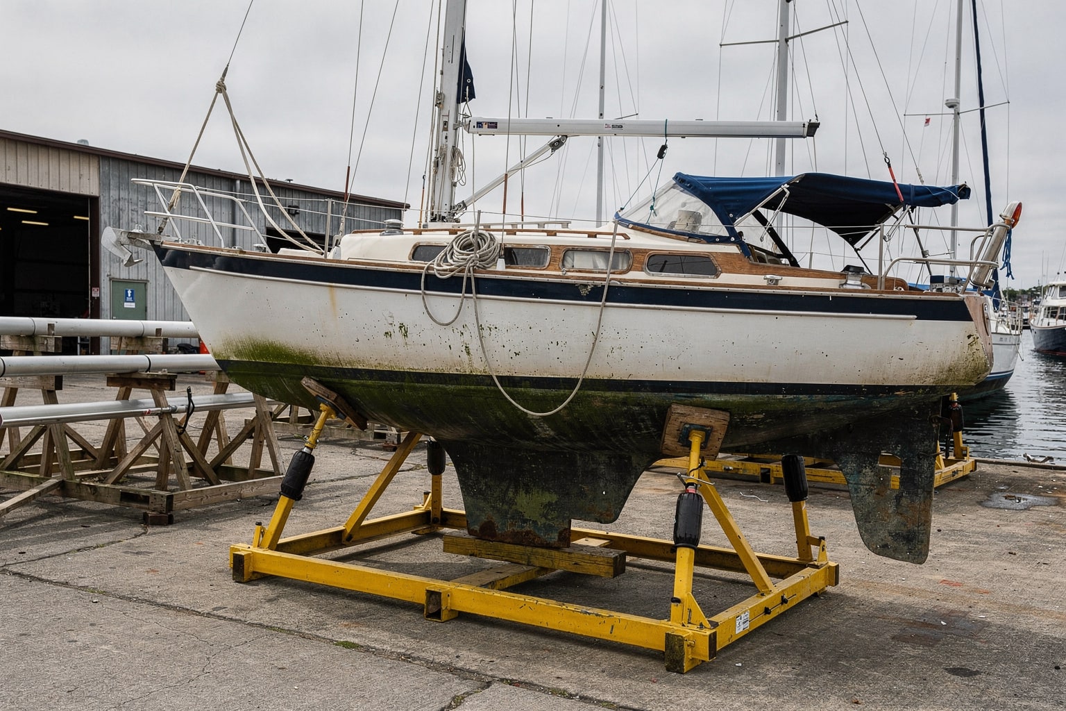 Junk boat removal from NYC boatyard, 28-foot sailboat on cradle with travel-lift and storage vessels