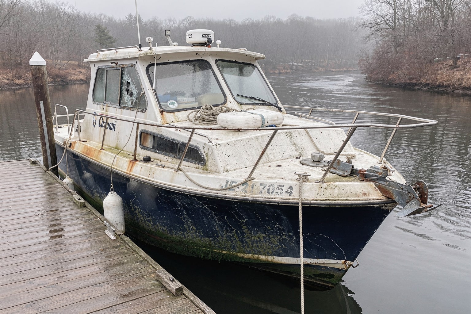 Damaged 22-foot cabin cruiser moored at Connecticut marina dock with travel-lift staged for salvage removal