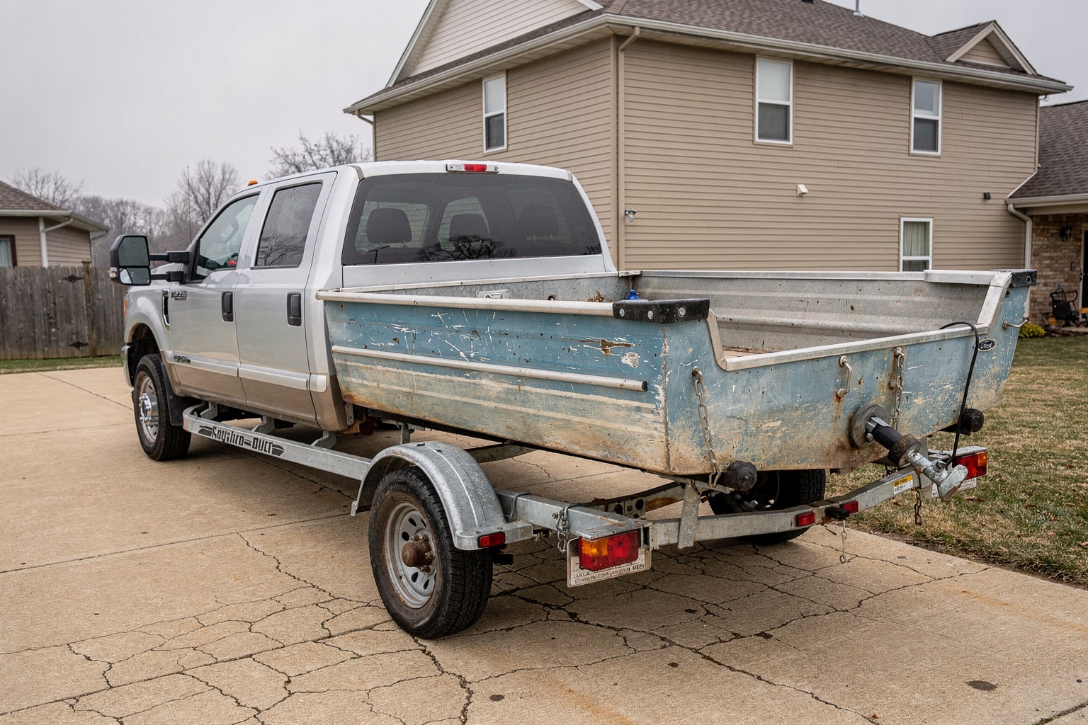 Junk boat removal in Indianapolis shows weathered aluminum fishing boat loaded on trailer ready for disposal service