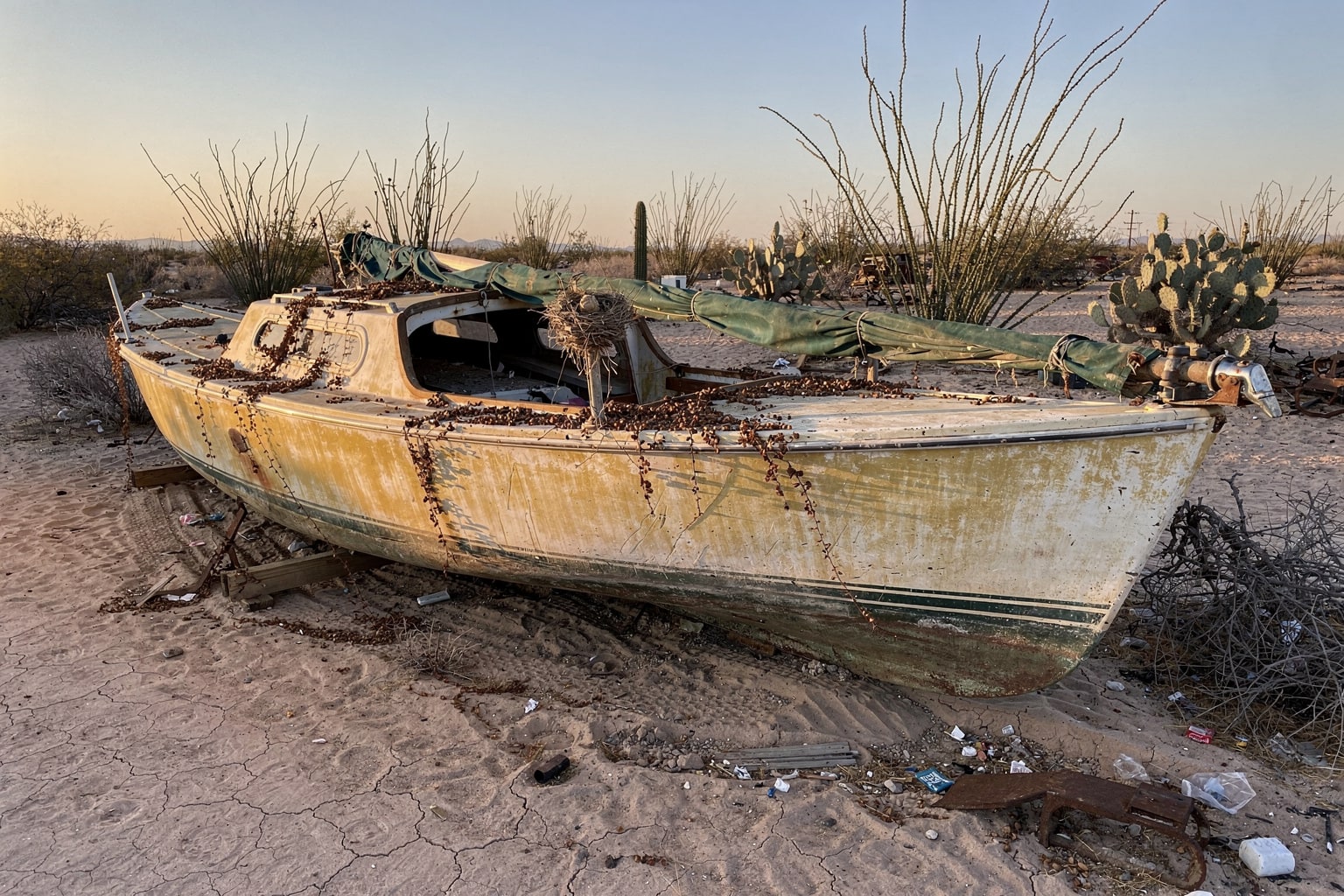 Abandoned junk boat removal Mesa Arizona overgrown desert yard disposal