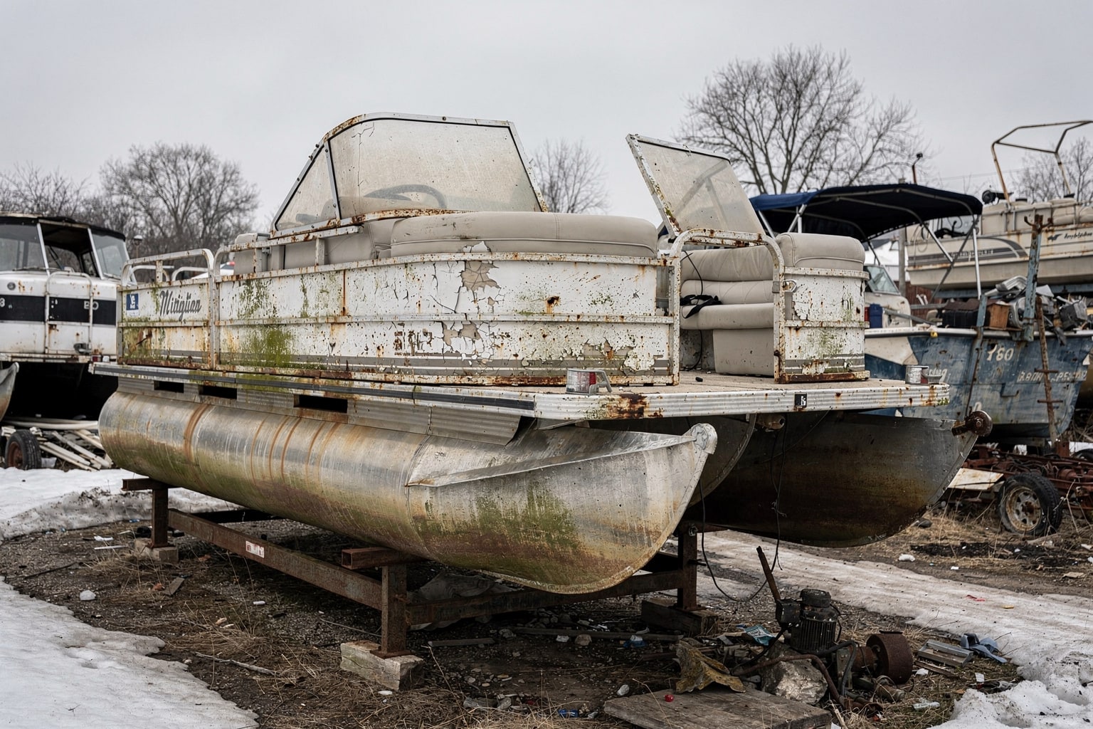 Junk boat removal Minneapolis boatyard derelict pontoon boat on cradle dry storage facility