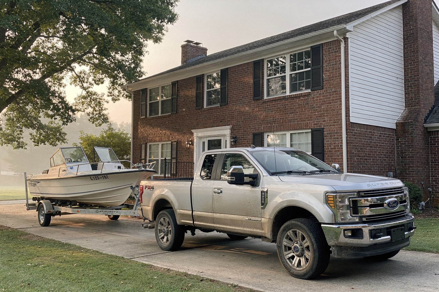 Junk boat removal Nashville TN on driveway with pickup truck and trailer