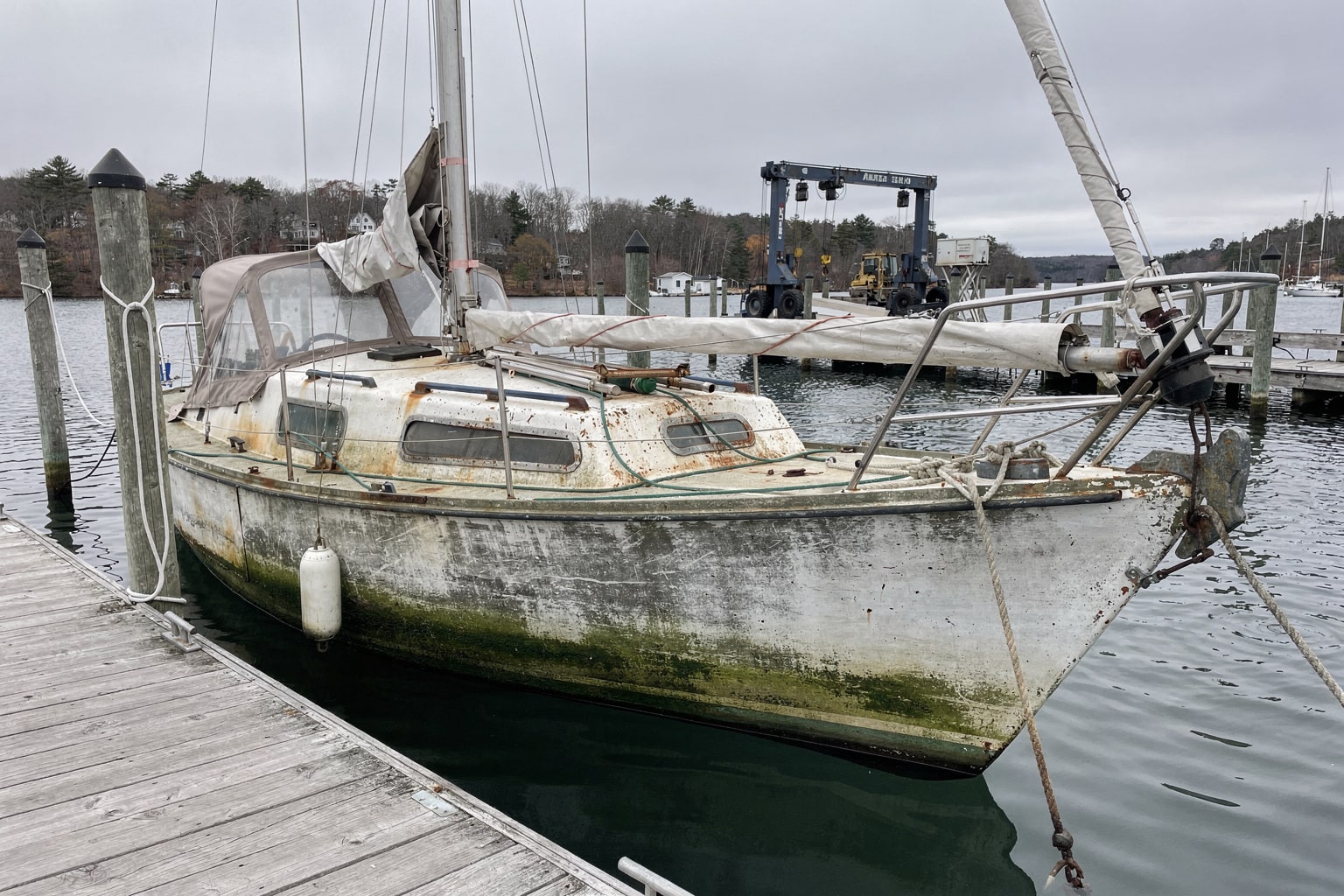 Marine salvage abandoned sailboat with algae growth moored at New Hampshire marina dock