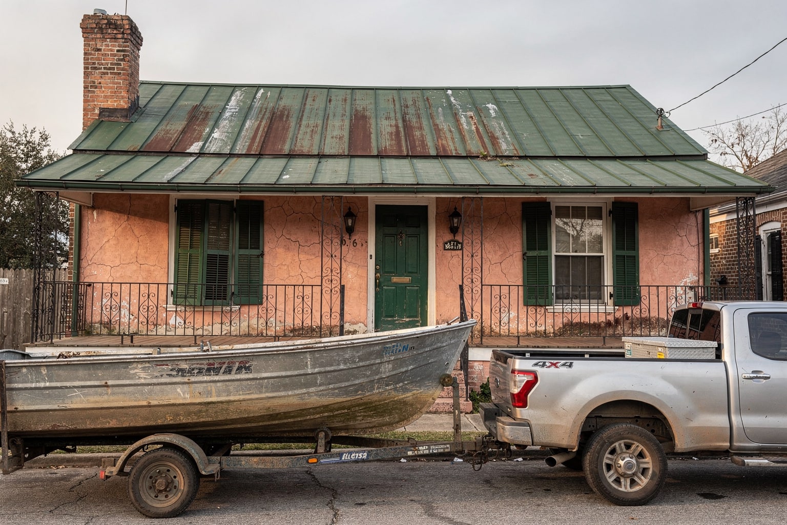 Junk boat removal in New Orleans on trailer behind blue pickup truck in residential driveway