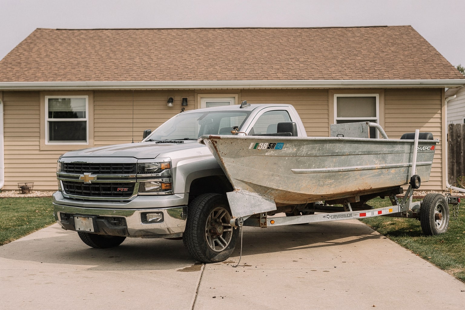 Junk boat removal Omaha Nebraska: weathered aluminum fishing boat loaded on trailer behind silver pickup truck in residential driveway