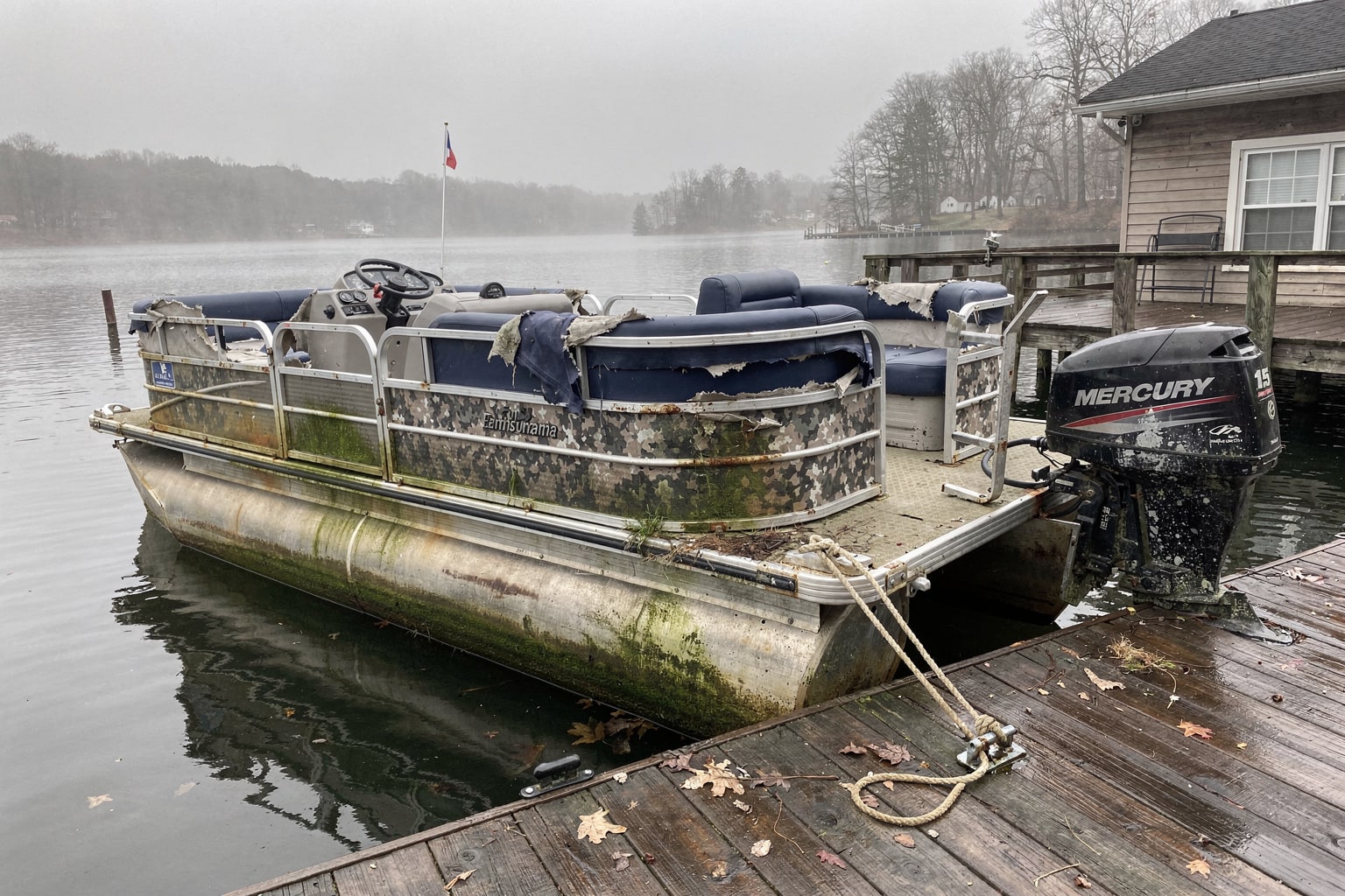 Neglected 24-foot pontoon boat moored at weathered wooden dock in Pennsylvania inland lake marina