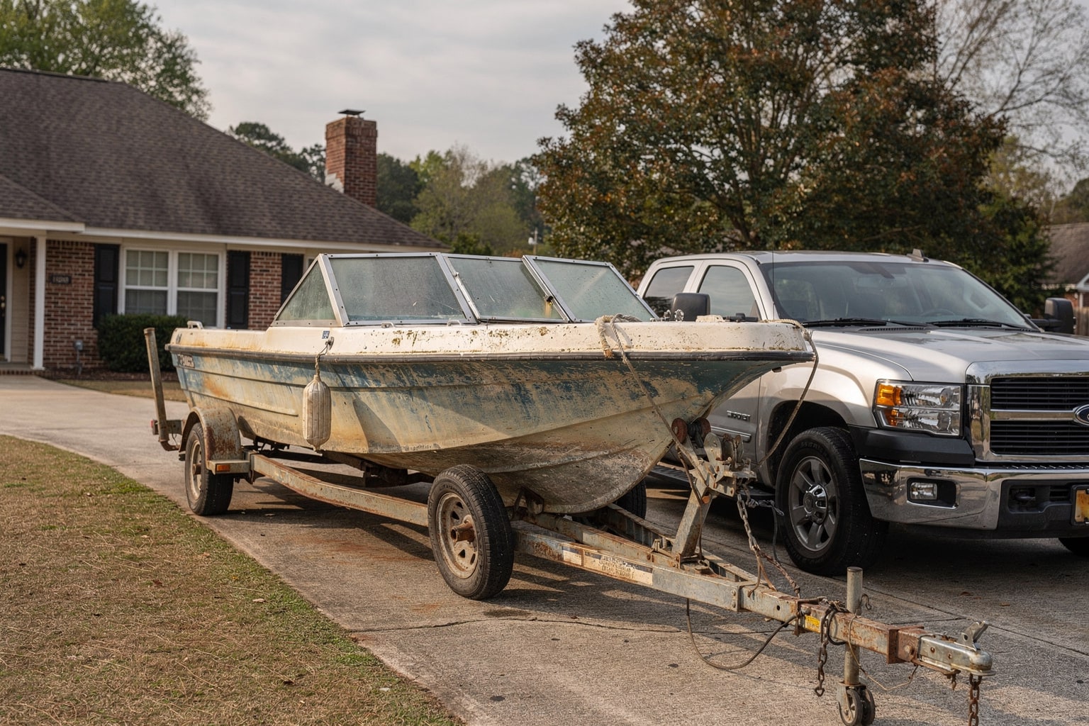 Junk boat removal service in Raleigh NC with weathered aluminum fishing boat loaded on trailer