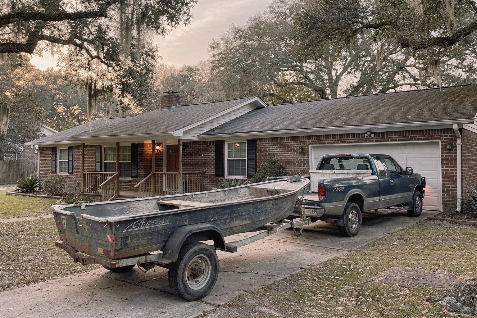 Junk boat removal in South Carolina, weathered fishing boat loaded on trailer behind pickup truck in residential driveway