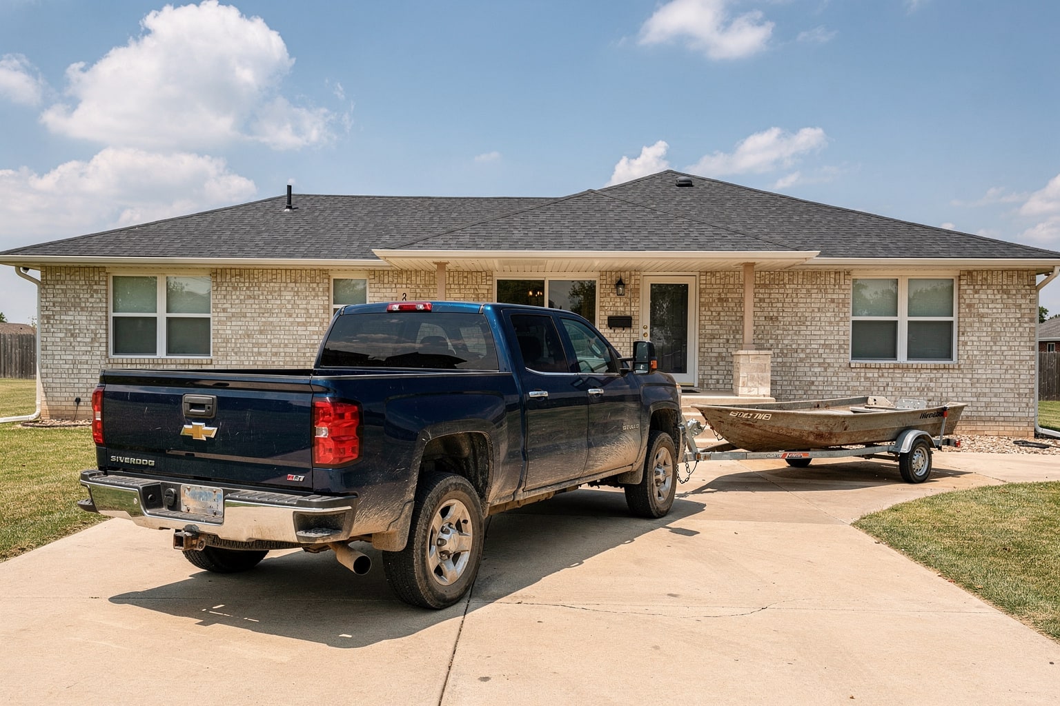 Dark blue pickup truck with single-axle trailer hauling weathered aluminum jon boat in Wichita residential driveway