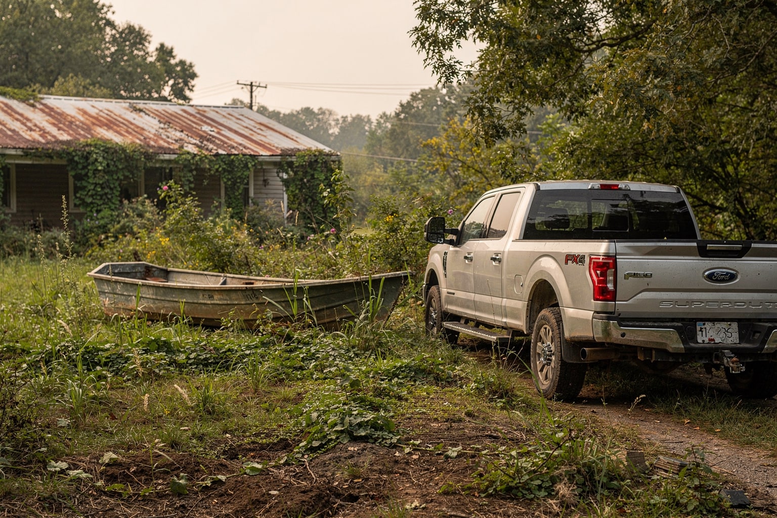 Abandoned junk boat removal in overgrown Tennessee property with pickup truck and salvage trailer ready