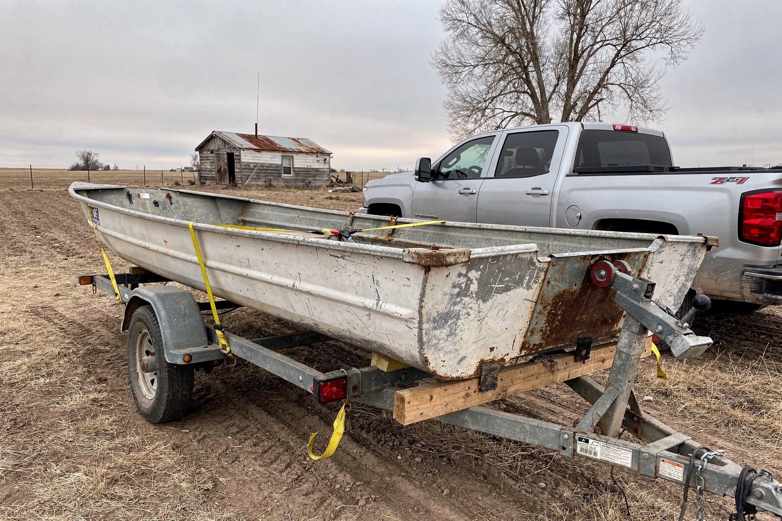 Salvage boat loaded on trailer for South Dakota marine removal service