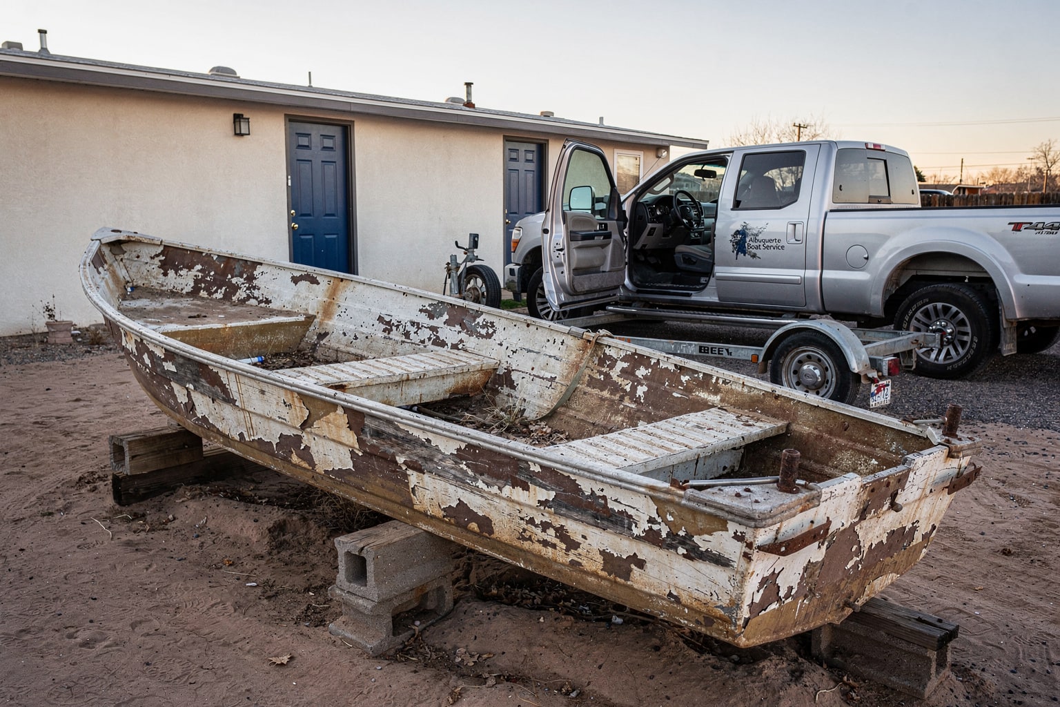Neglected jon boat needing junk boat removal and disposal from Albuquerque residential yard with pickup truck and trailer staged