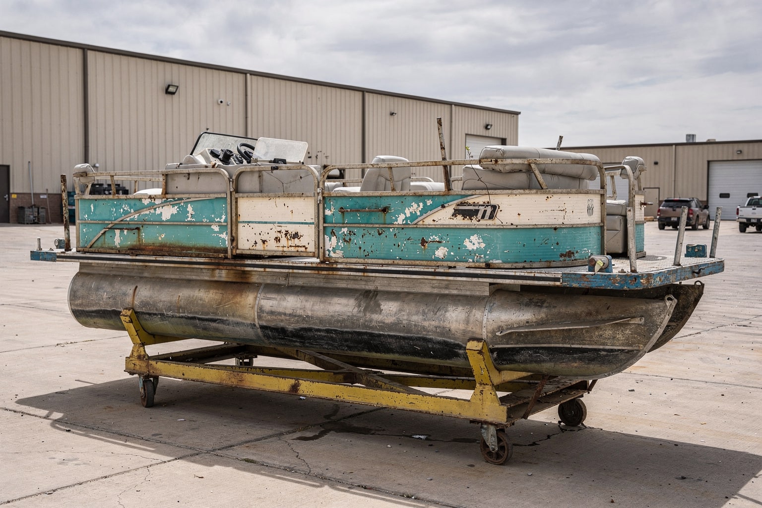 Old faded pontoon boat on steel cradle, El Paso junk boat removal facility, commercial disposal yard