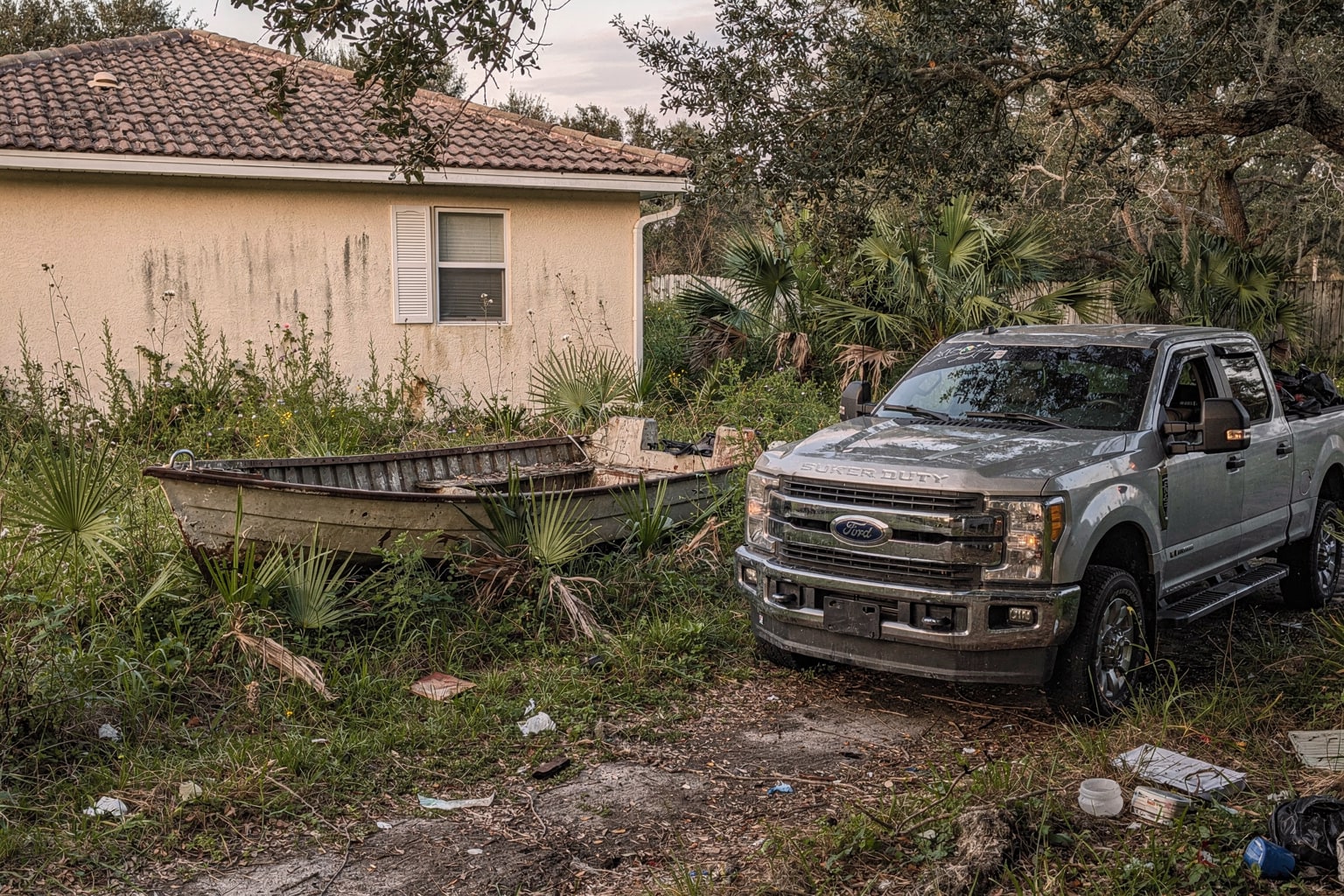 Abandoned junk boat removal Jacksonville Florida, weathered aluminum fishing boat surrounded by overgrown weeds in residential property
