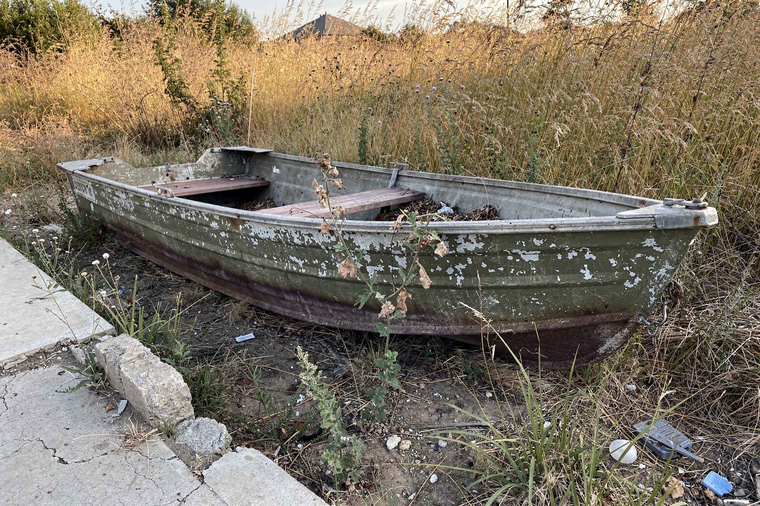 Abandoned junk boat removal in Los Angeles residential yard surrounded by overgrown weeds