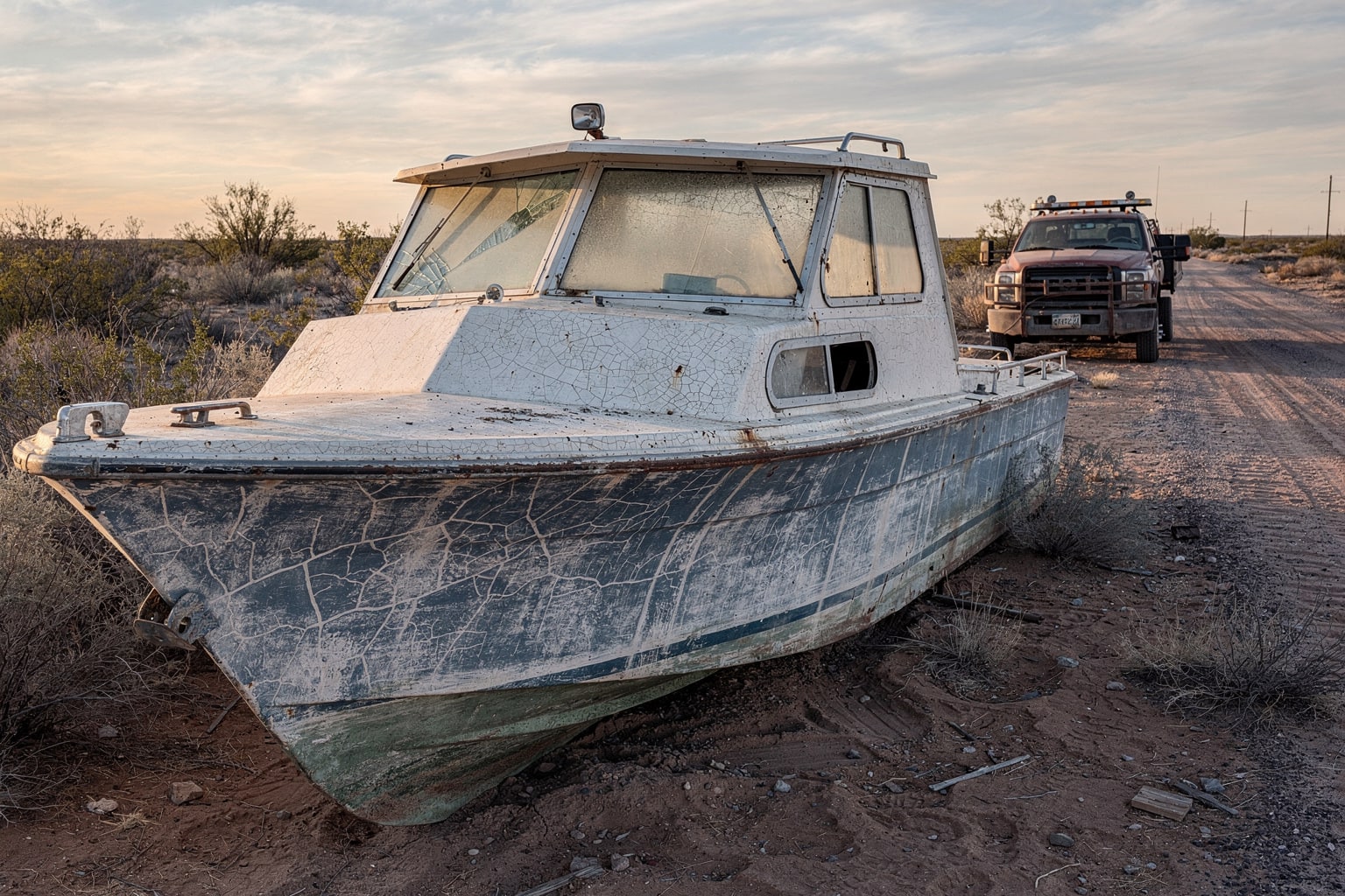 Abandoned deteriorated cabin cruiser boat in New Mexico desert surrounded by overgrown vegetation