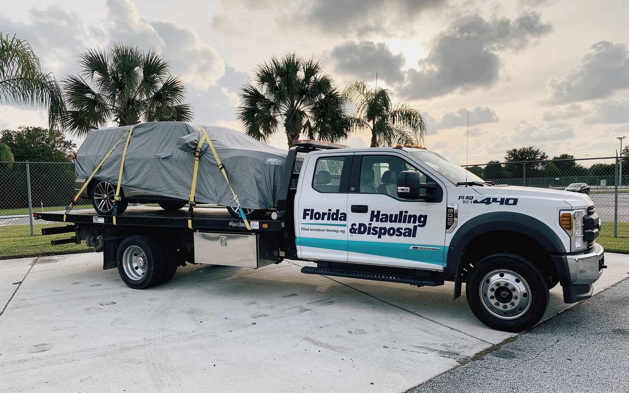 Florida Hauling & Disposal flatbed tow truck loaded with a covered SUV in a Tampa Bay commercial lot